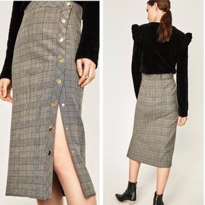 ZARA Plaid Tube Skirt with Gold Side Snaps
